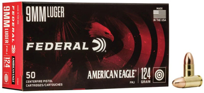 FEDERAL AMERICAN EAGLE 9mm (124gr FMJ) AMMO (50 rd Box)        