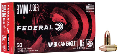 FEDERAL AMERICAN EAGLE 9mm 115gr FMJ AMMO (50 Rd Box)   